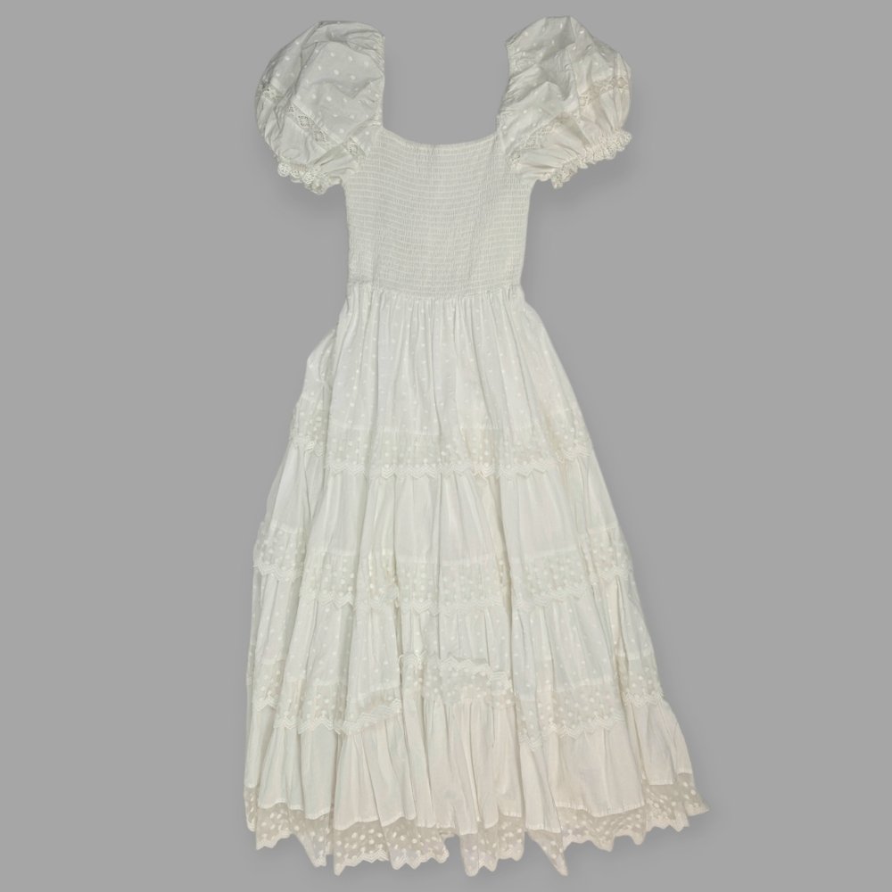 Lait Collection Dress White Long Midi XS Smocked Cotton Puff Sleeve Lace NWT